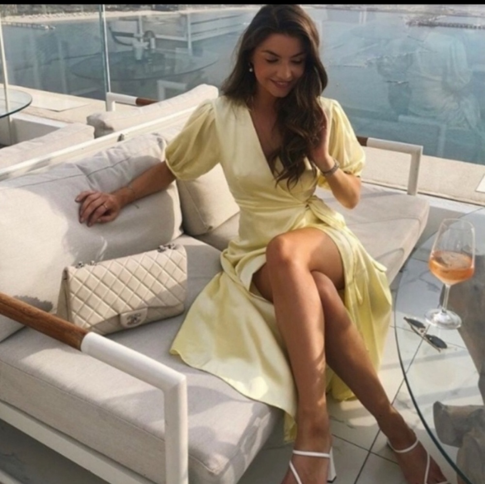 Zara satin yellow wrap dress